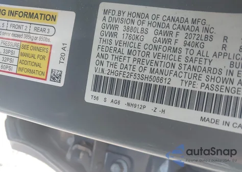 2025 Honda Civic Sport z USA, uszkodzony, nr VIN 2HGFE2F53SH506612